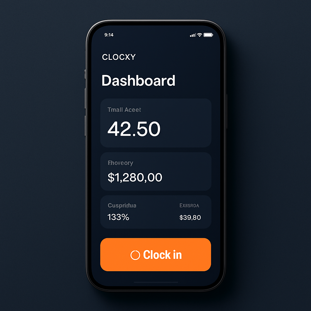 CLOCKY app dashboard showing total hours, base pay, overtime breakdown and a clock-in button